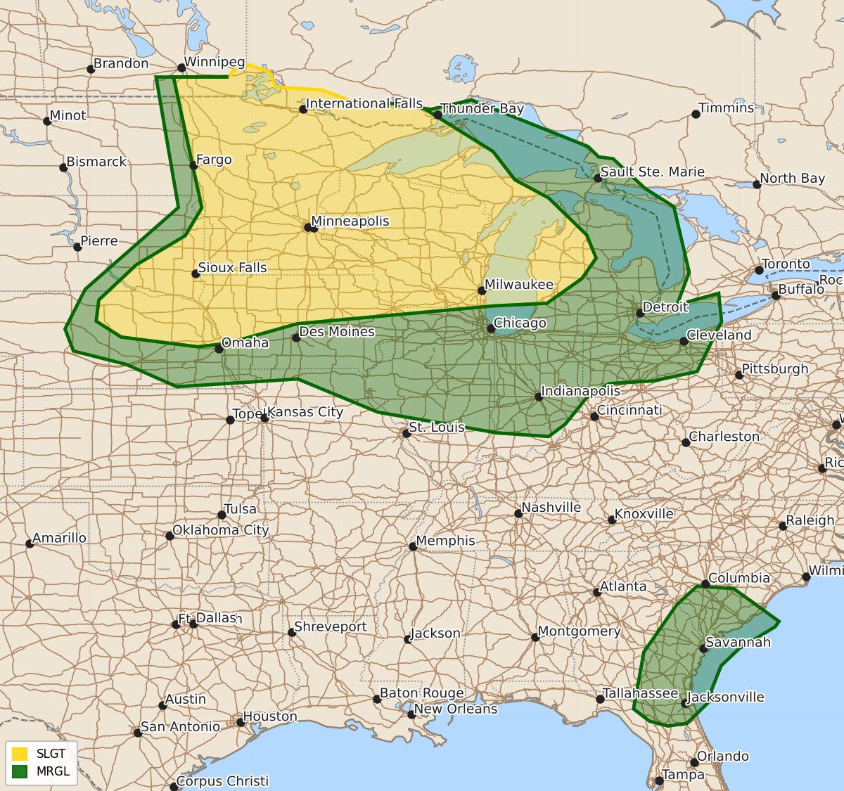 Risk area map for Day 2 Convective Outlook