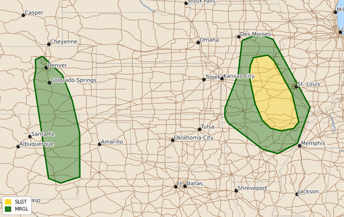 Risk area map for Day 2 Convective Outlook