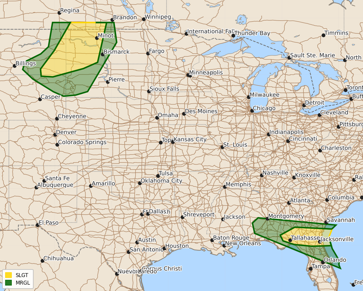 Risk area map for Day 2 Convective Outlook