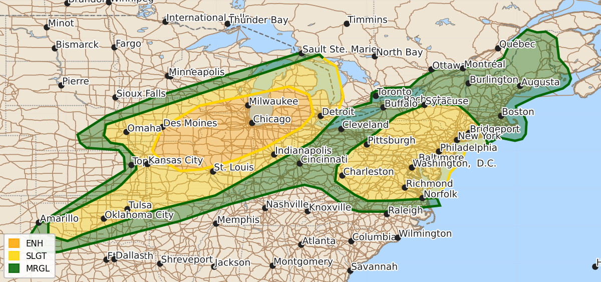 Risk area map for Day 2 Convective Outlook