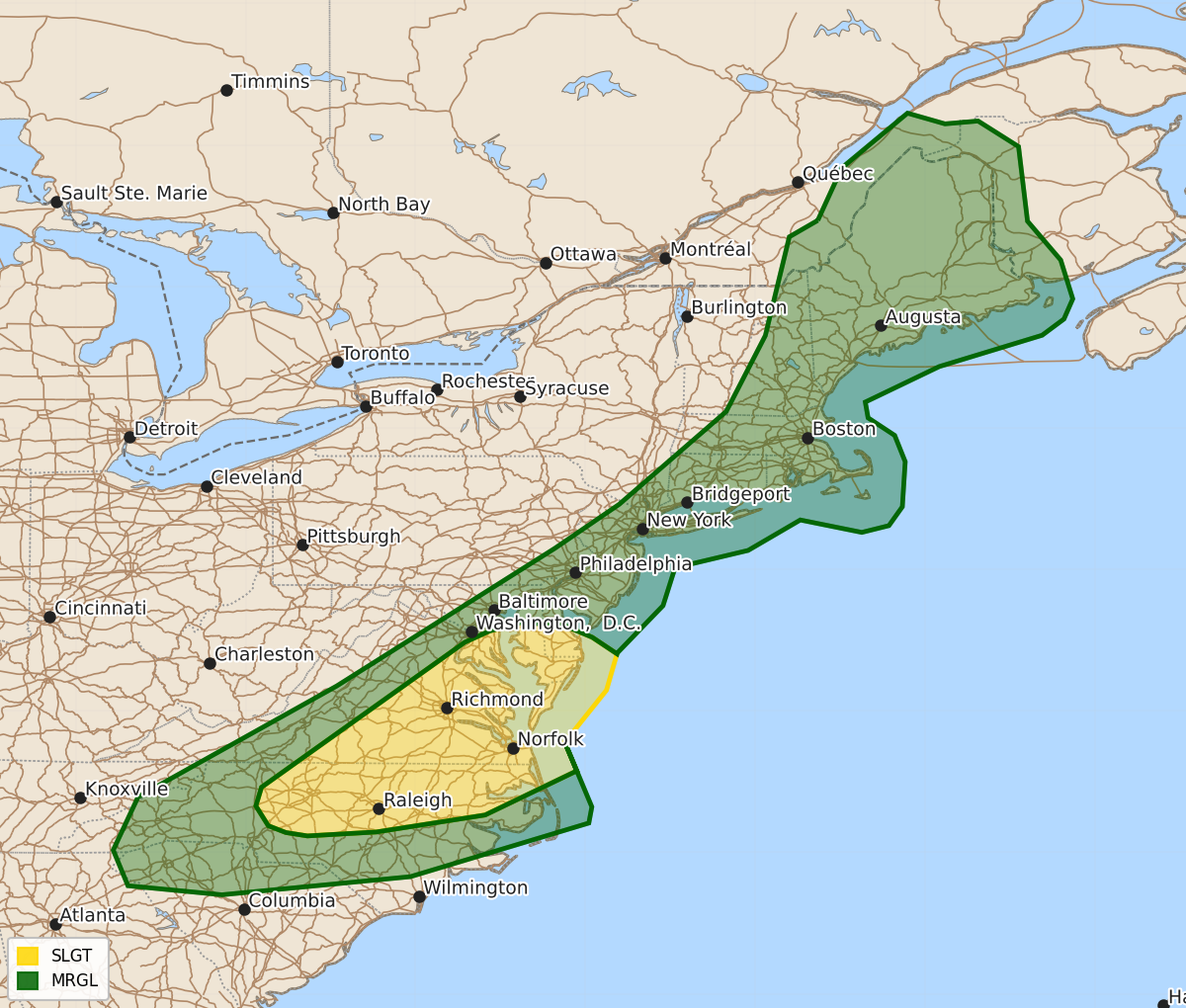 Risk area map for Day 2 Convective Outlook