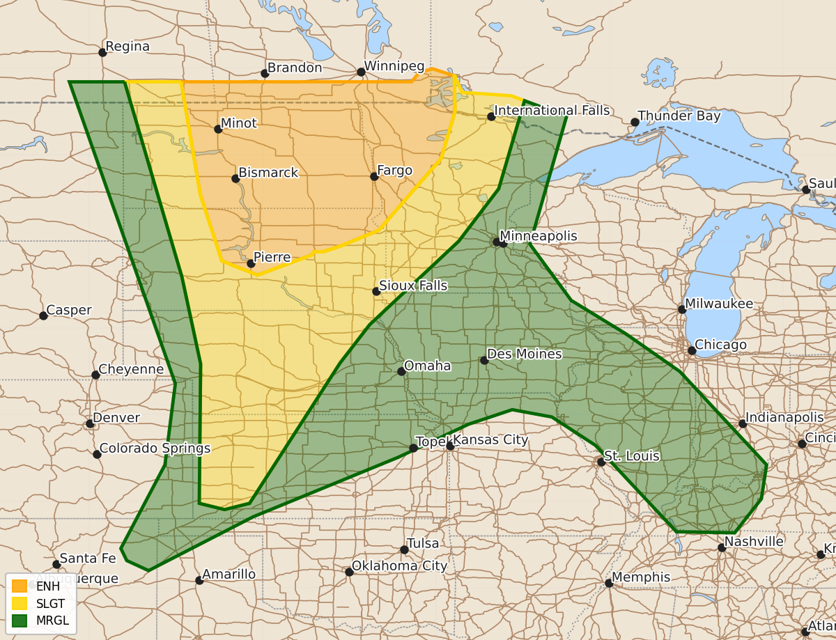 Risk area map for Day 2 Convective Outlook