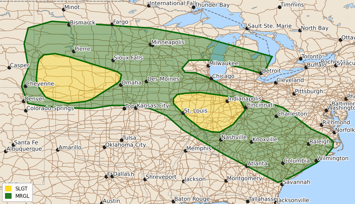 Risk area map for Day 2 Convective Outlook