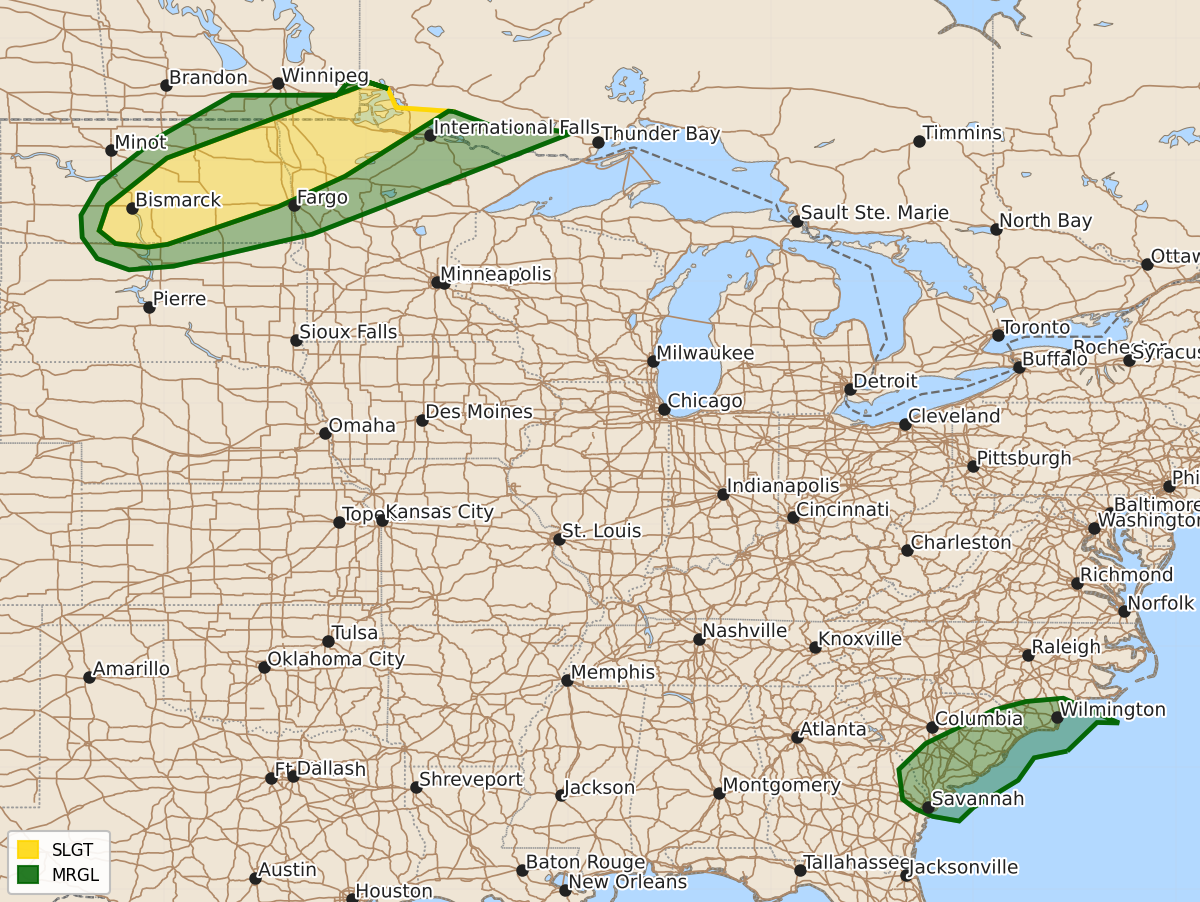Risk area map for Day 2 Convective Outlook