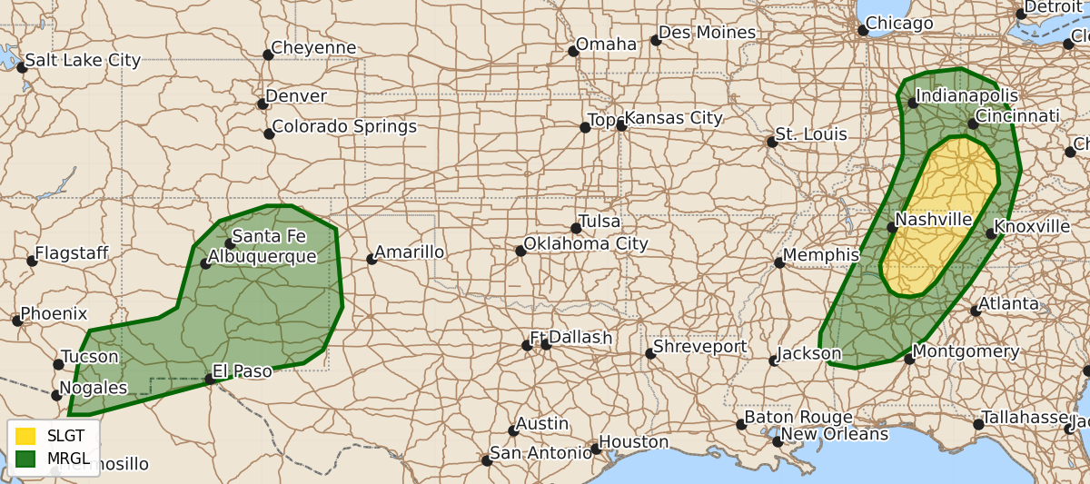 Risk area map for Day 2 Convective Outlook