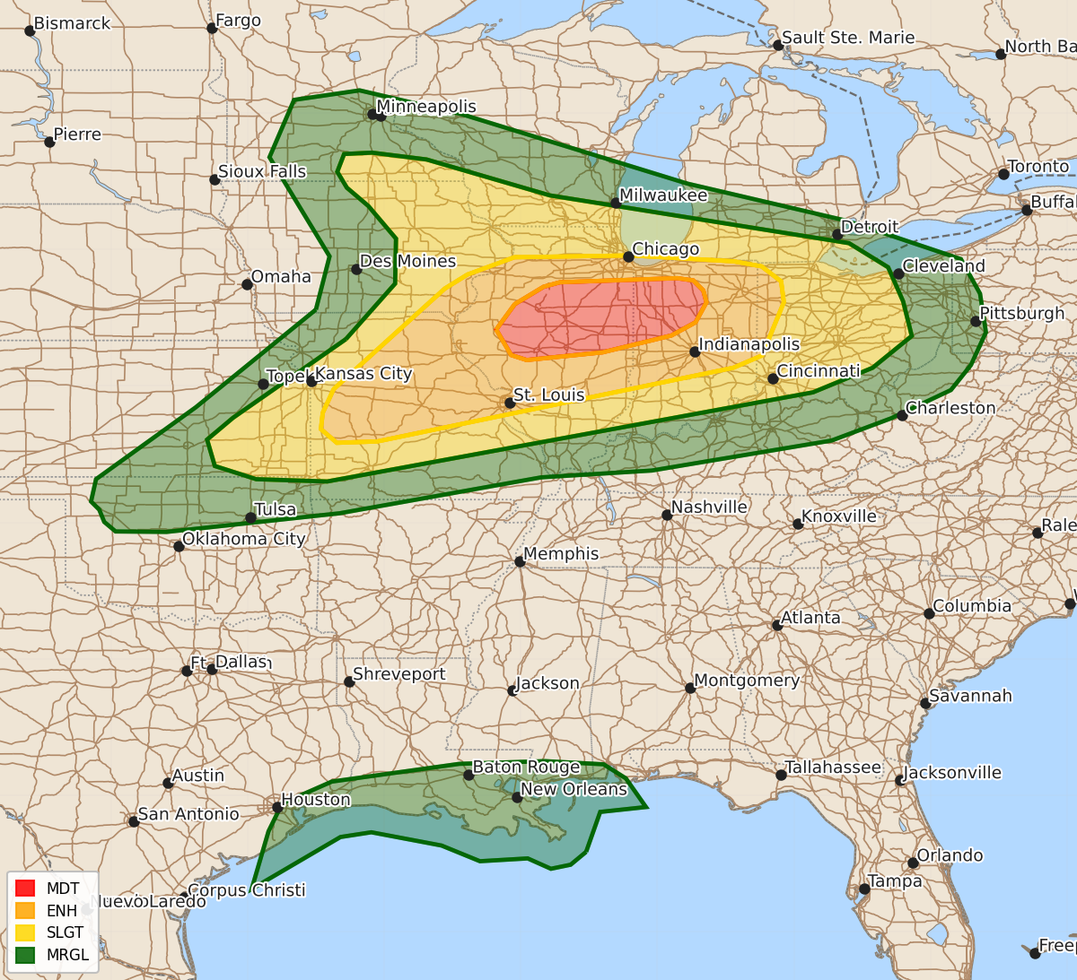 Risk area map for Day 2 Convective Outlook