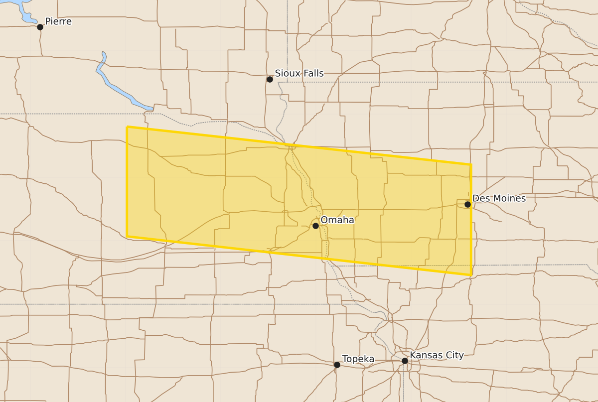 Risk area map for Severe Thunderstorm Watch issued August 12 at 5:32AM CDT until August 12 at 10:00AM CDT by NWS Omaha/Valley NE