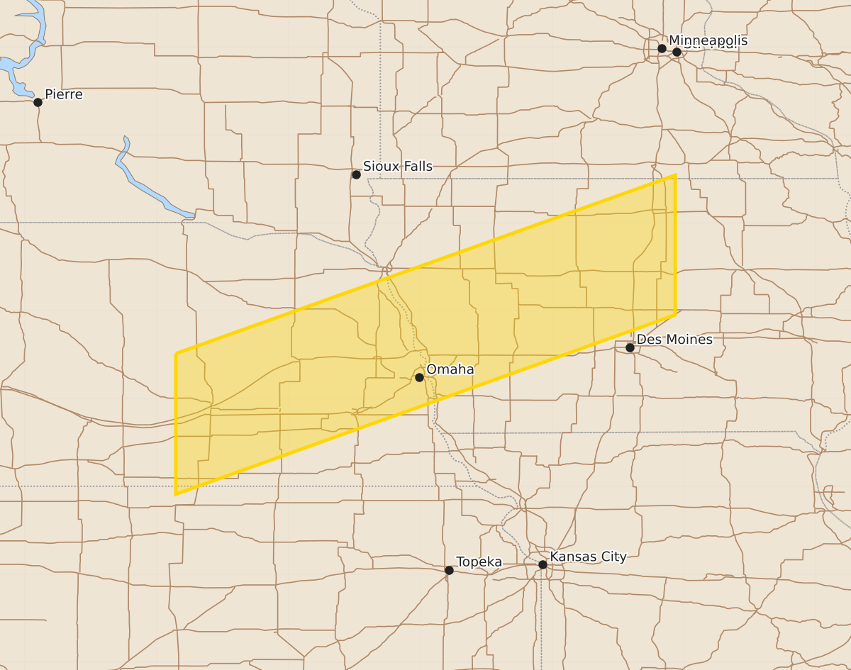 Risk area map for Severe Thunderstorm Watch issued July 8 at 7:21PM CDT until July 9 at 12:00AM CDT by NWS Omaha/Valley NE